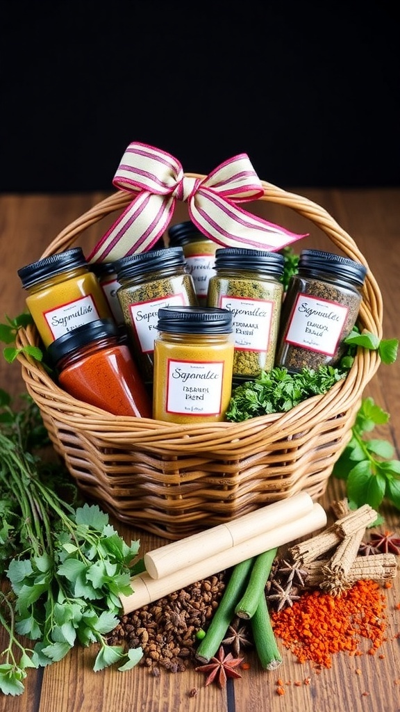 Homemade Seasoning Gift Basket Recipe A decorative gift basket filled with jars of homemade seasonings and spices, beautifully presented.